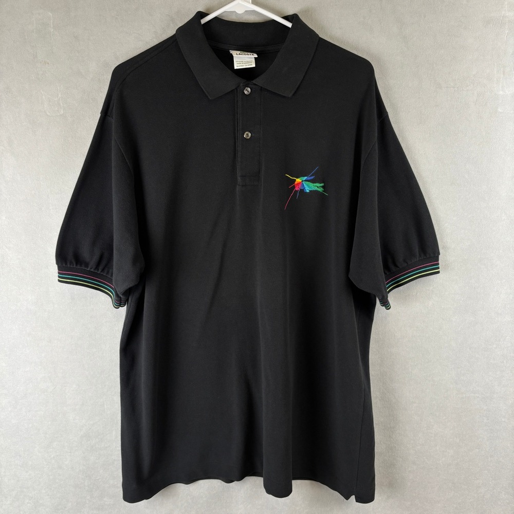 VTG Lacoste Mens Black Pique Polo Shirt Rainbow Abstract Croc Graphic 7 XXL Rare